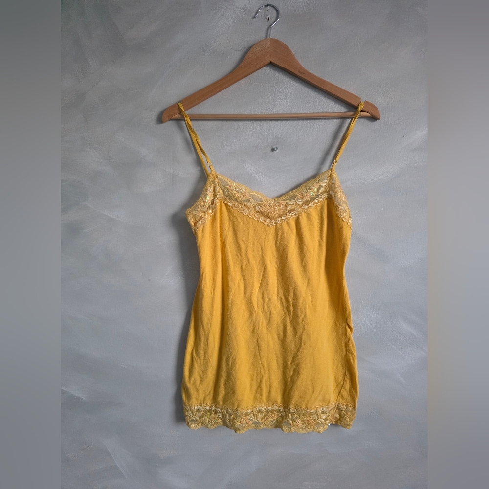 Y2K Women’s Tank Top Lace Trim Yellow Lace Cami Coquette Mermaid Iridecent Sz L - Picture 5 of 10
